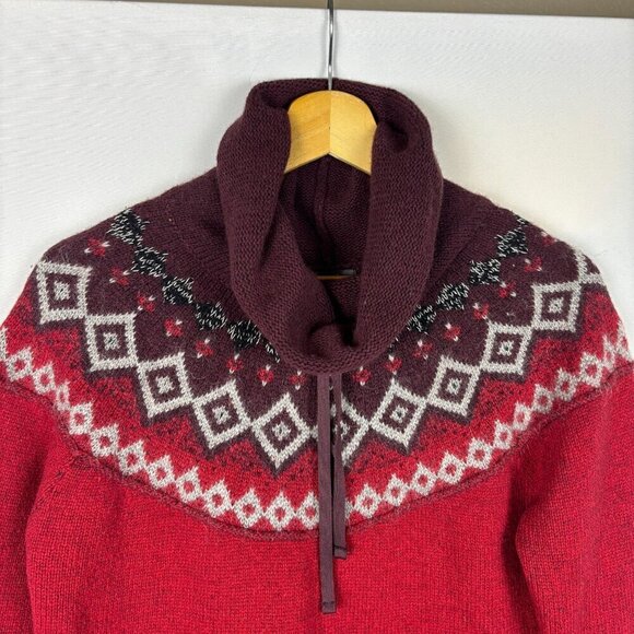Eddie Bauer Women Fair Isle Knit Sweater Sz S Cotton  Wool Red Burgundy Cowlneck - Picture 2 of 7